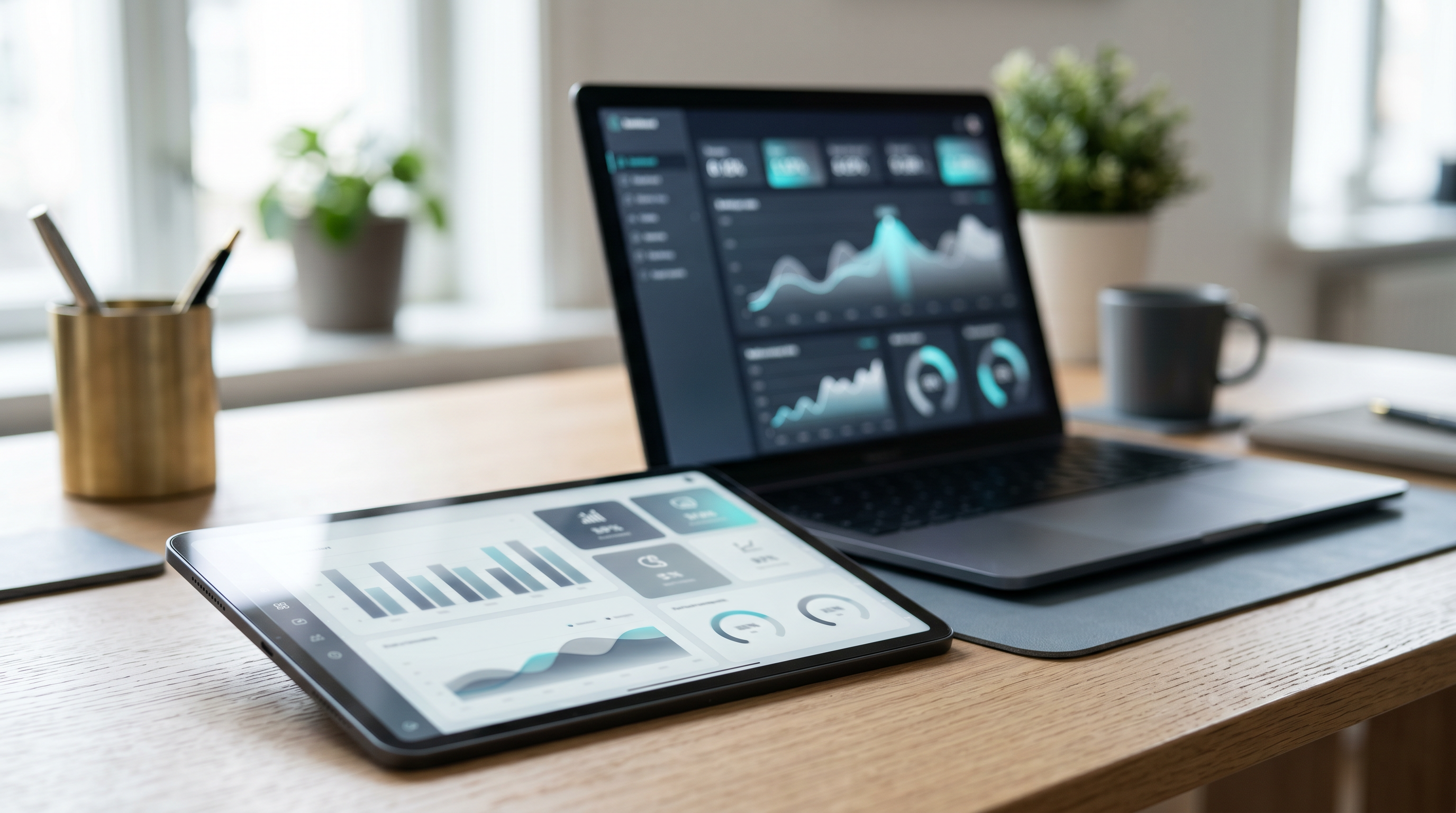 Ambiente de analítica y paneles de datos con estética clara y profesional.